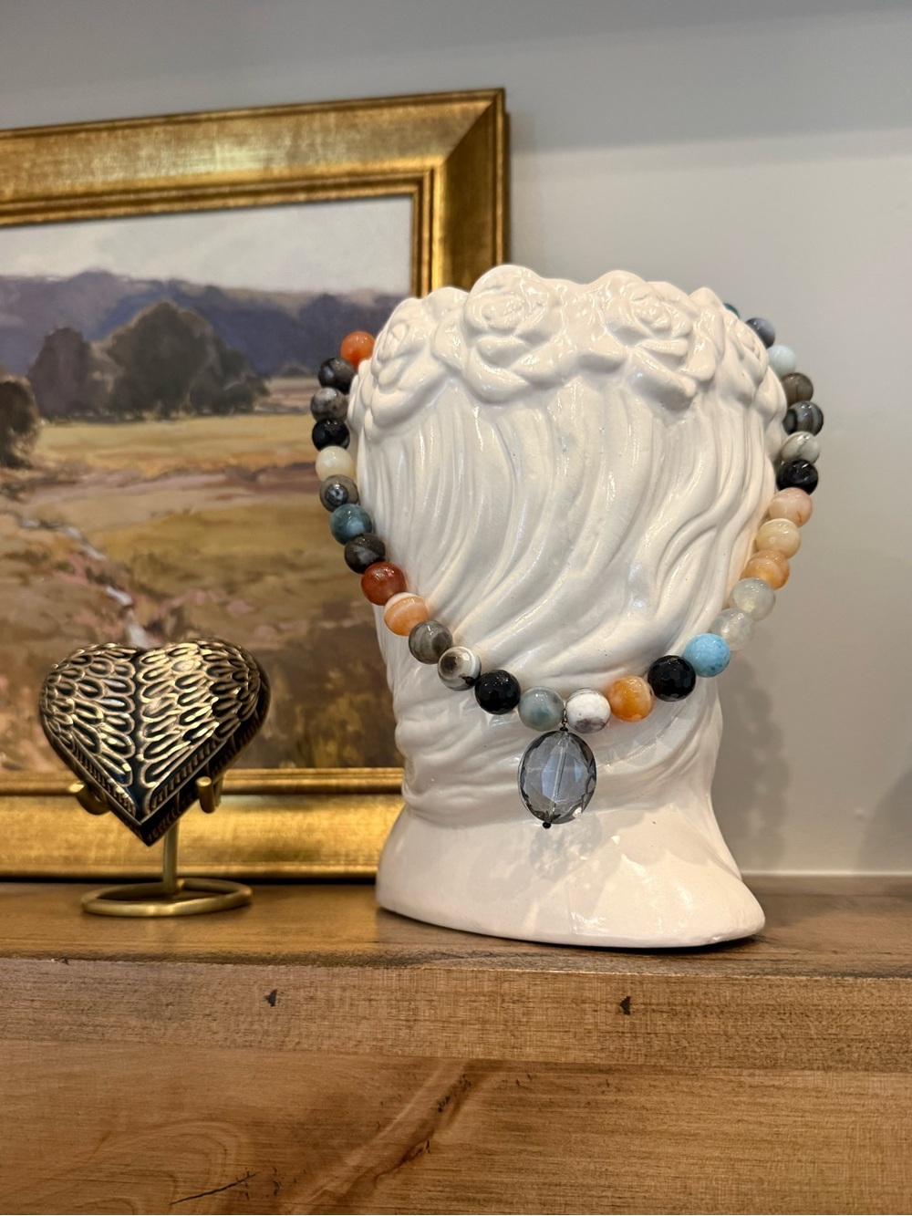 Multi-Color Beaded Gemstone Necklace with Faceted Pendant